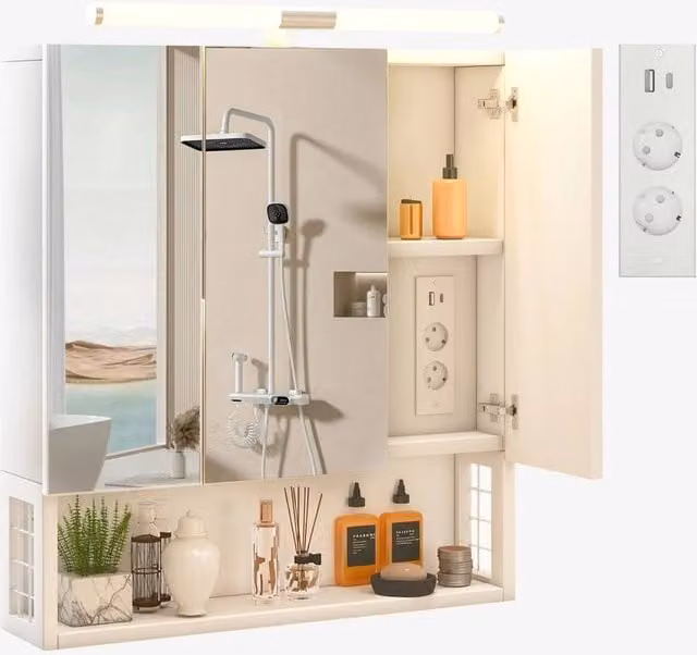 FORGEVIO White Wall-Mounted Bathroom Mirror Cabinet with LED Lighting and Shaver Socket – 1