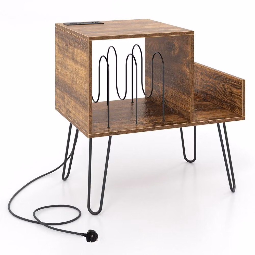 Gymax Modern Metal Turntable Stand and Record Player Display Shelf with Power Outlet in Sand Brown – 7