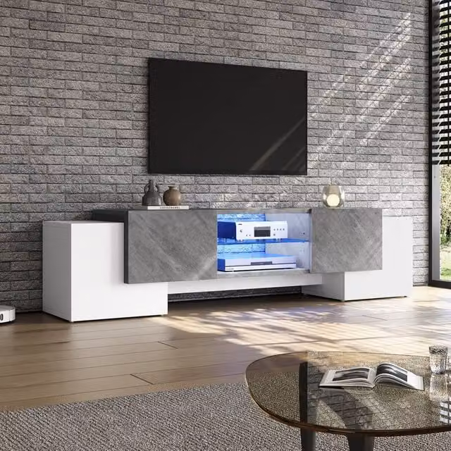BTM LED TV Stand with 4 Doors and Open Storage, White and Grey, W: 180 cm, D: 40 cm, H: 46.5 cm