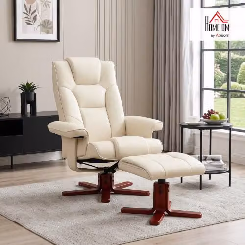 HOMCOM Reclining Armchair with Ottoman, Beige Synthetic Leather and Solid Wood Frame – 2