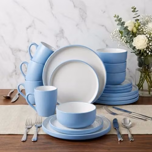 Waterside 16-Piece Blue and White Coupe Stoneware Dinner Set with 4 Dinner Plates, 4 Side Plates, 4 Deep Bowls and 4 Mugs – 3