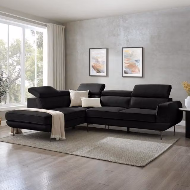 Mario Left-Facing L-Shape Corner Sofa in Black Velvet with Adjustable Headrests and Scatter Cushions