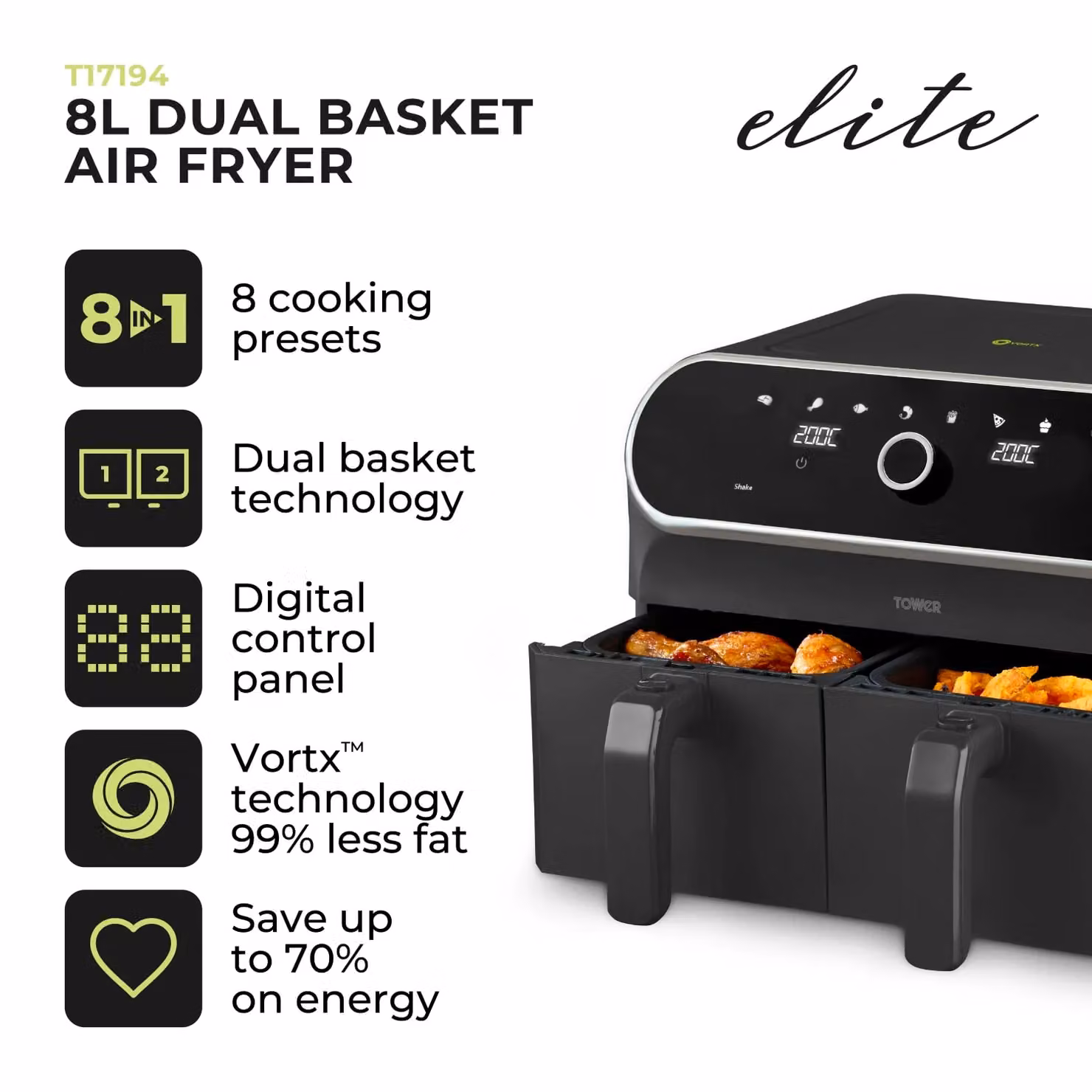 Tower T17194 Elite Dual Basket Air Fryer with Digital Control Panel and Vortex Technology, 8L, Grey and Black – 3