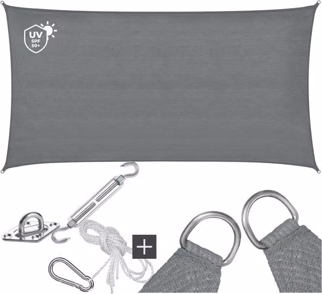 tectake Weather-Resistant HDPE Sun Sail with UV Protection and Stainless Steel Fittings, Grey, 200 cm