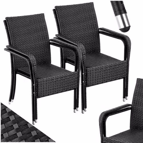 tectake Set of 4 Modern Rattan Garden Chairs with Metal Frame in Black and Grey