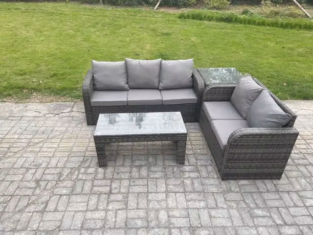 Fimous Dark Grey Rattan Garden Furniture Set with Rectangular Coffee Table and Side Table