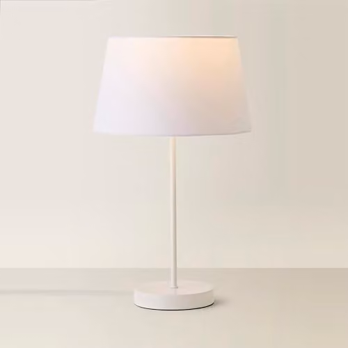 ValueLights Charlie White Metal Single Stem Table Lamp with Beige Fabric Tapered Lampshade – 1