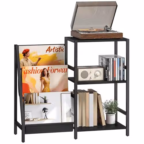 HOMCOM Industrial Record Player Stand with 3-Tier Media Storage in Black Wood Effect, W/D/H: 84 x 30 x 74 cm