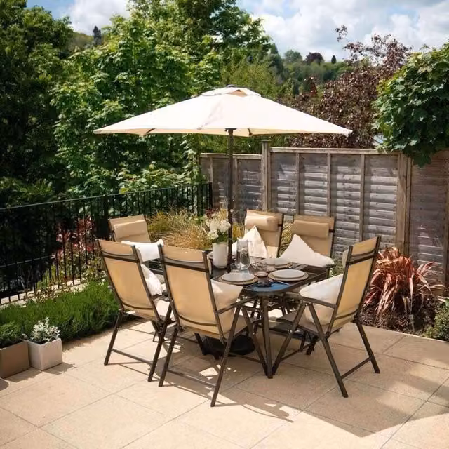 Hectare 6 Seat Reclining Polytex and Glass Dining Set with Parasol in Black and Beige