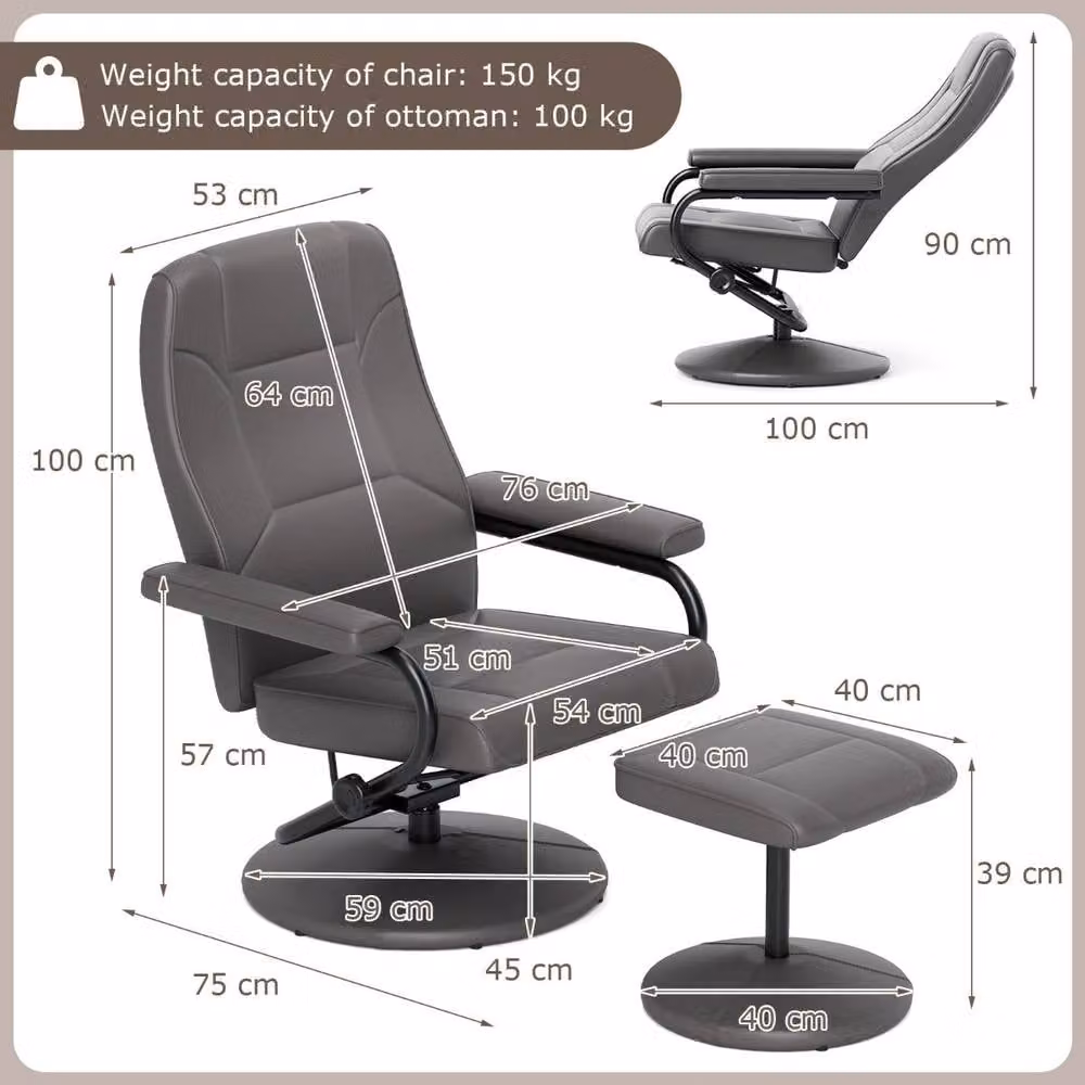 Costway Grey 360 Swivel Reclining Chair with Adjustable Backrest and Ottoman – 2