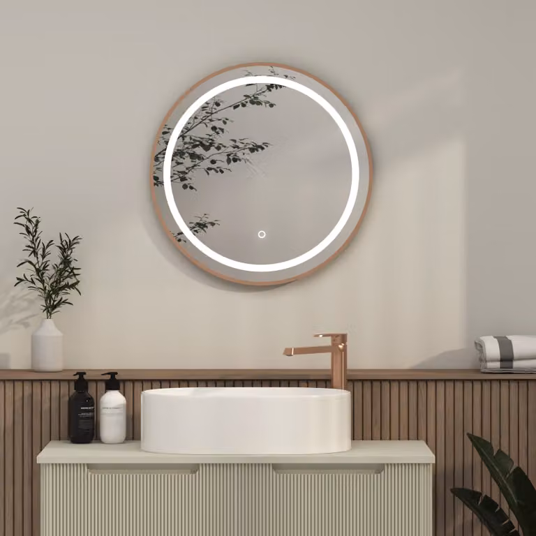 Royal Bathrooms Capri Round LED Illuminated Framed Mirror in Brushed Bronze, W: 60 cm, H: 60 cm, with Demister Pad and Touch Sensor