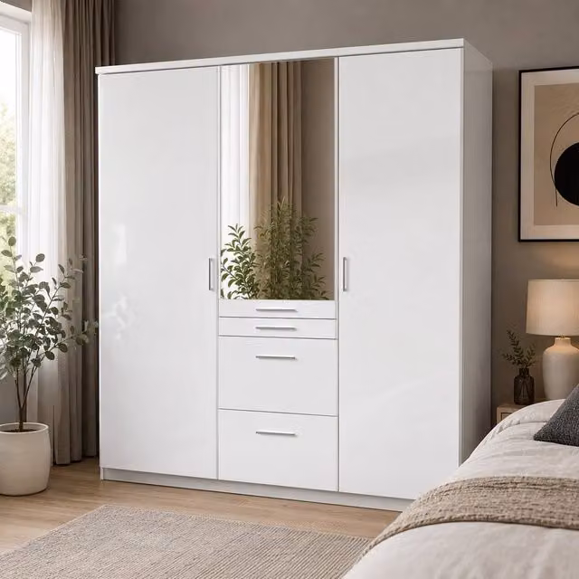 KDMD Aachen White Glossy 3 Door Wardrobe with Mirror, Width: 135 cm – 1