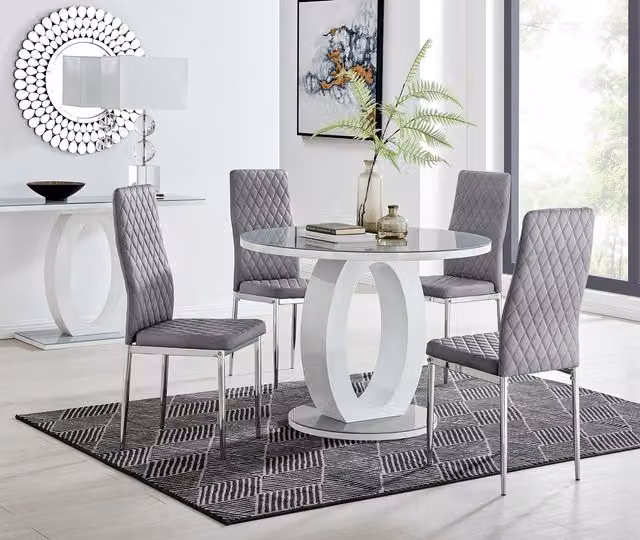 FurnitureboxUK Giovani Round 4 Seat Dining Set with 100cm Grey Glass Top White High Gloss Halo Base Table and 4 Silver Leg Milan Soft Velvet Chairs – 1