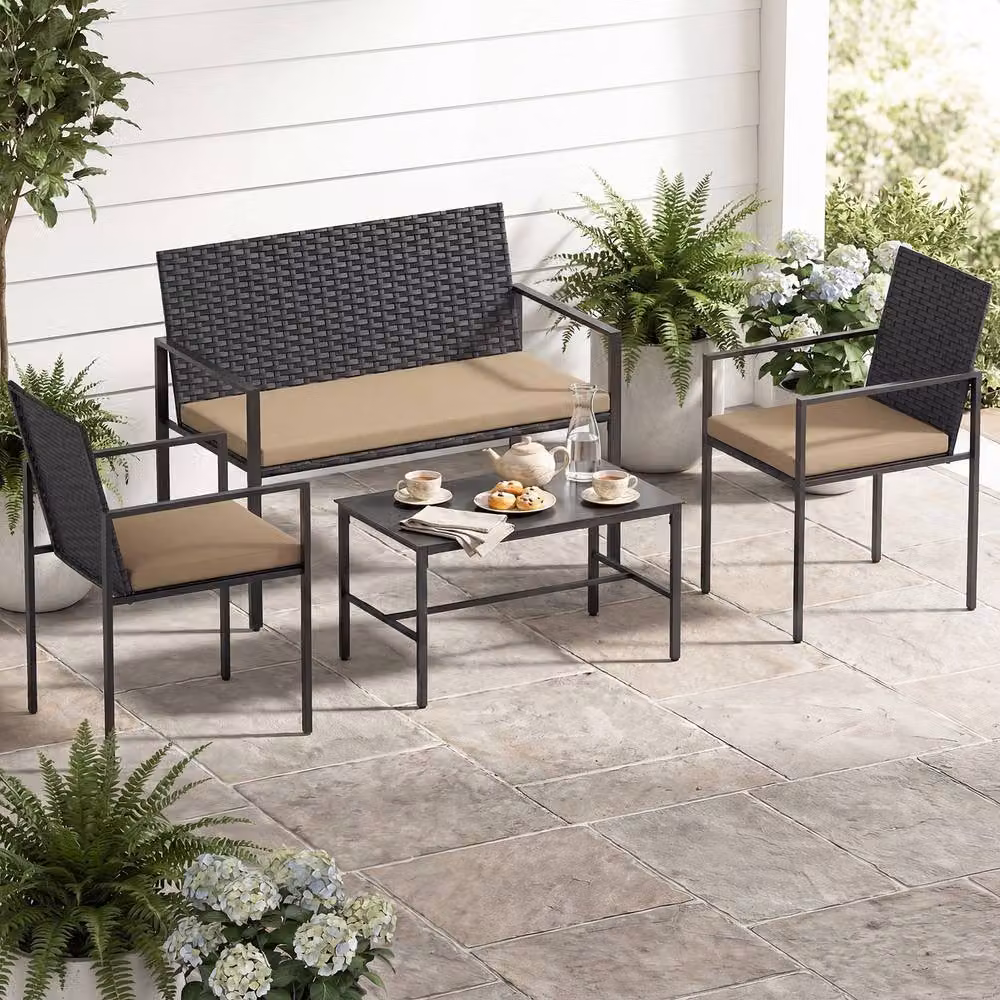 Costway 4-Piece Outdoor Rattan Patio Furniture Set with Loveseat, Armchairs and Coffee Table in Beige – 5