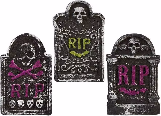 VFM e-Store Halloween RIP Tombstone Set with Green Bats, Skulls and Purple Bats, 3 Pack, Grey – 1