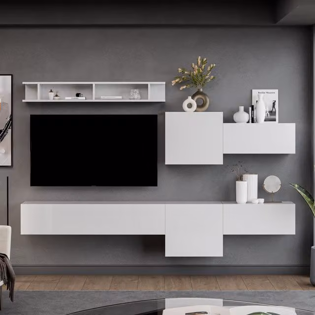 Decorotika Barcelona Wall Mounted Entertainment Center in High Gloss White