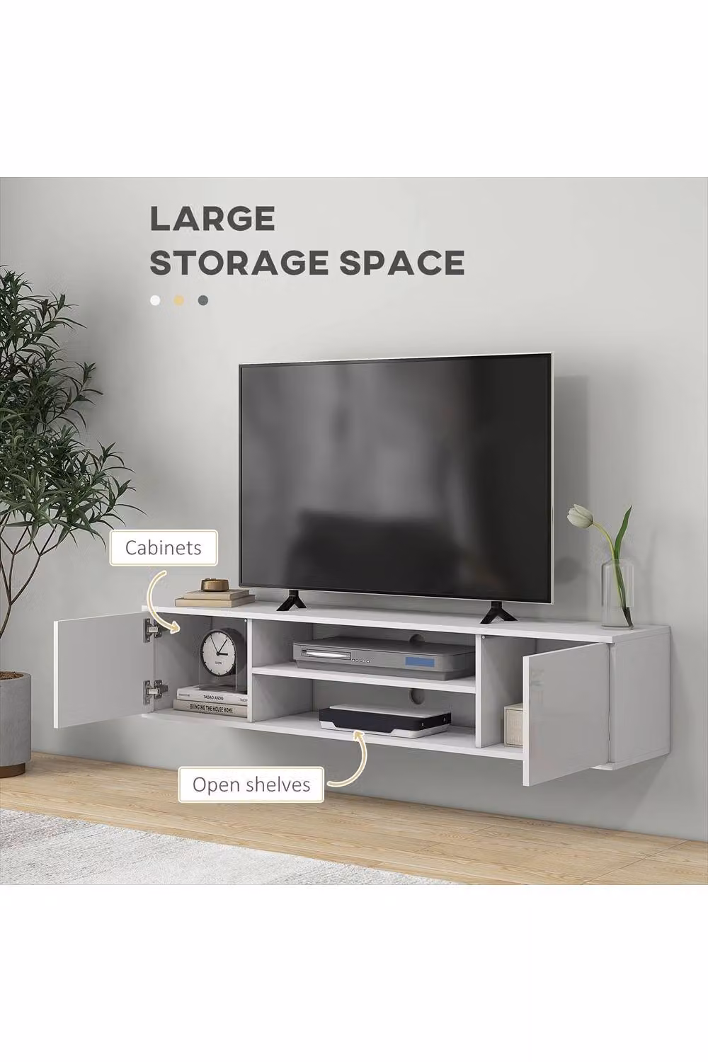 ERGOVEXA Modern White High Gloss Floating TV Stand Cabinet for TVs up to 60 inch, W/D/H: 140 x 30 x 30 cm – 2