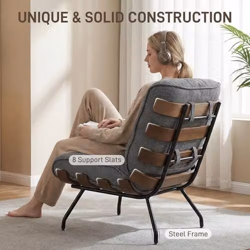 HOMCOM Modern Fabric Accent Chair with Armrests and Metal Frame in Grey and Black – 4