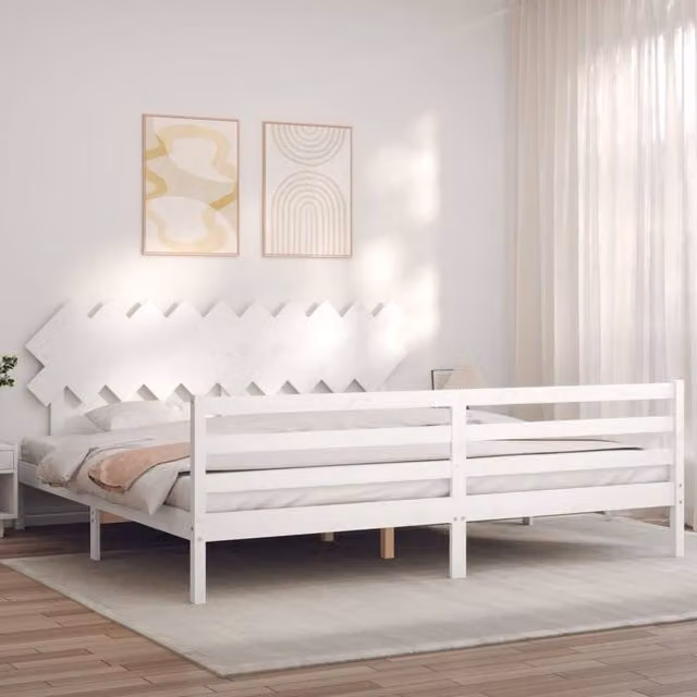 Berkfield Home Beautiful Bed Frame with Headboard in White Solid Pine Wood, W/D/H: 200 x 200 x 205.5 cm