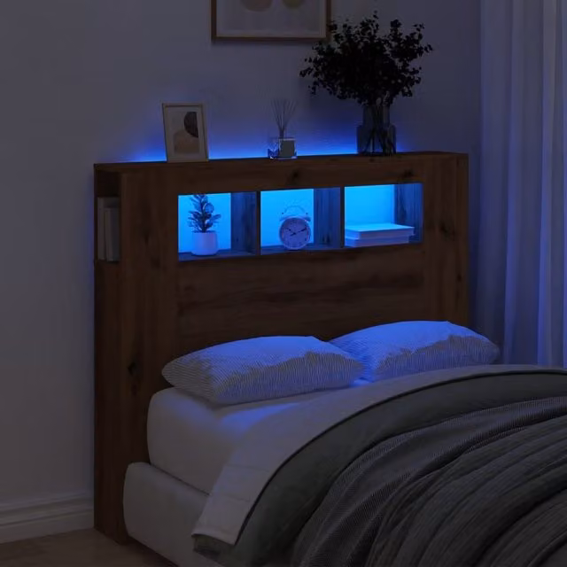 Berkfield Home Artisan Oak LED Headboard in Brown with Integrated Lighting, Shelf and USB Charging Port, W/D/H: 120 x 18.5 x 103.5 cm – 1