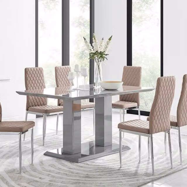 FurnitureboxUK Imperia Grey Modern High Gloss Rectangular Dining Table and 6 Milan Dining Chairs Set in Cappuccino
