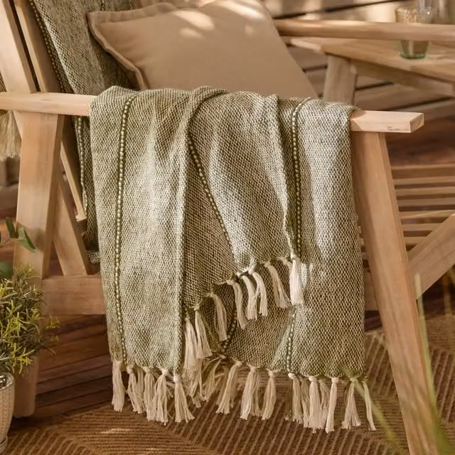 Yard Hedon Woven Striped Outdoor Throw with Fringes, Moss Green, W: 130 cm, L: 180 cm