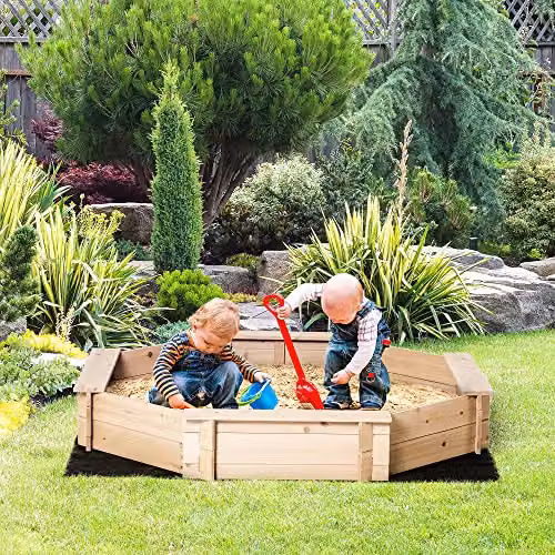 Outsunny Kids Wooden Sand Pit with Cover in Natural Brown, W/D/H: 139.5 x 139.5 x 21.5 cm – 2