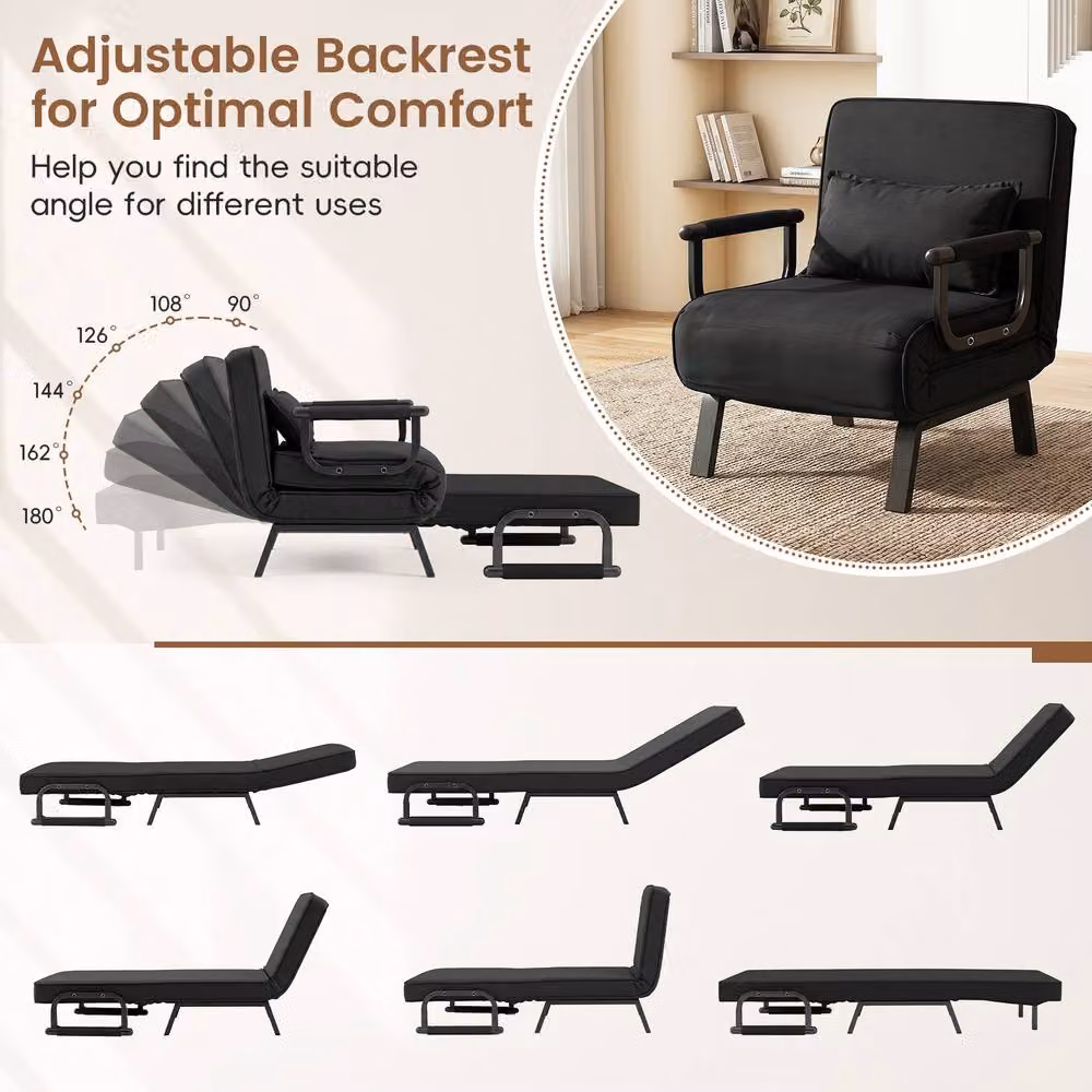 Costway Convertible Sleeper Chair Folding Sofa Bed with Adjustable Backrest and Armrests in Black – 7