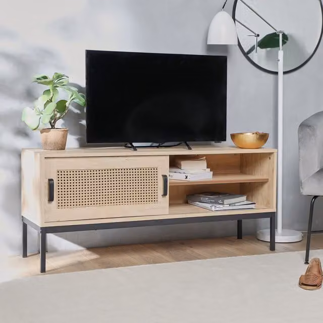 VonHaus Lena Brown Rattan Sliding Door TV Unit for up to 55 inch Screens W: 120 cm, D: 38 cm, H: 52 cm