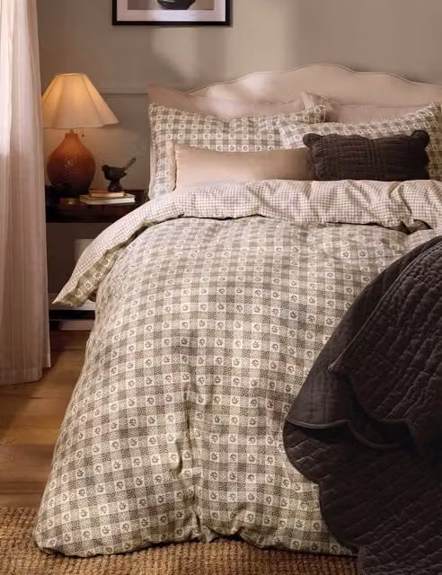 Laura Ashley Hartley Check Reversible Flannelette Bedding Set, Brown Mix, W: 140 cm, L: 200 cm