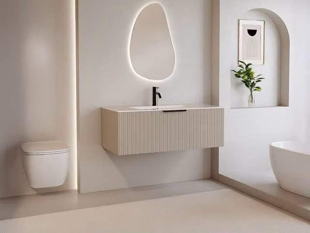 Vente-unique Paliro Fluted Wall-Hung Vanity Unit in Beige – 1