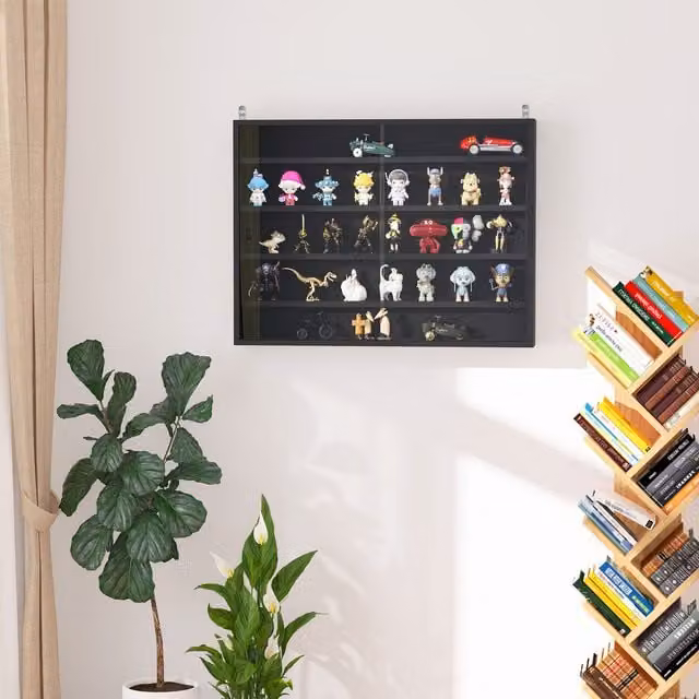 HOMCOM Wall Mounted Display Shelf Cabinet with Glass Doors, Black, Width: 60 cm