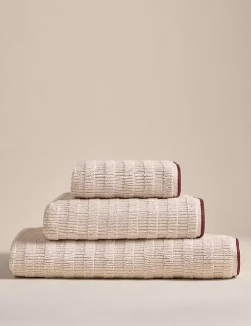 M&S Fluffy Pure Cotton Striped Textured Towel in Beige
