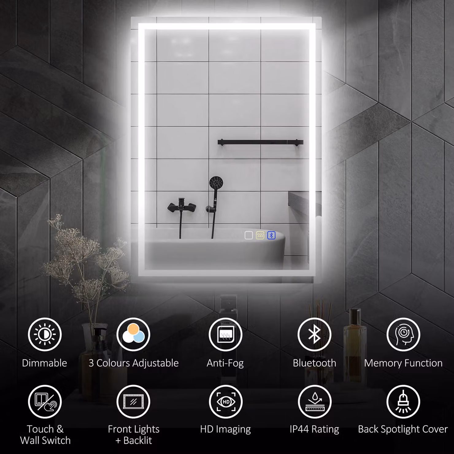 HOMCOM Silver Rectangular Wall Mounted Bathroom Mirror with Bluetooth, LED Lights and Demister Pad, W: 50 cm, H: 70 cm – 4