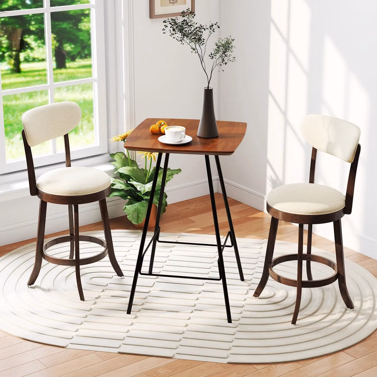 Costway Set of 2 Beige Fabric Swivel Counter Height Stools with Rubberwood Legs – 4