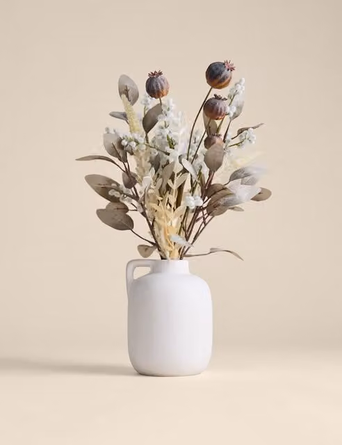Moss & Sweetpea Artificial Dried Mixed Arrangement in a White Ceramic Pot