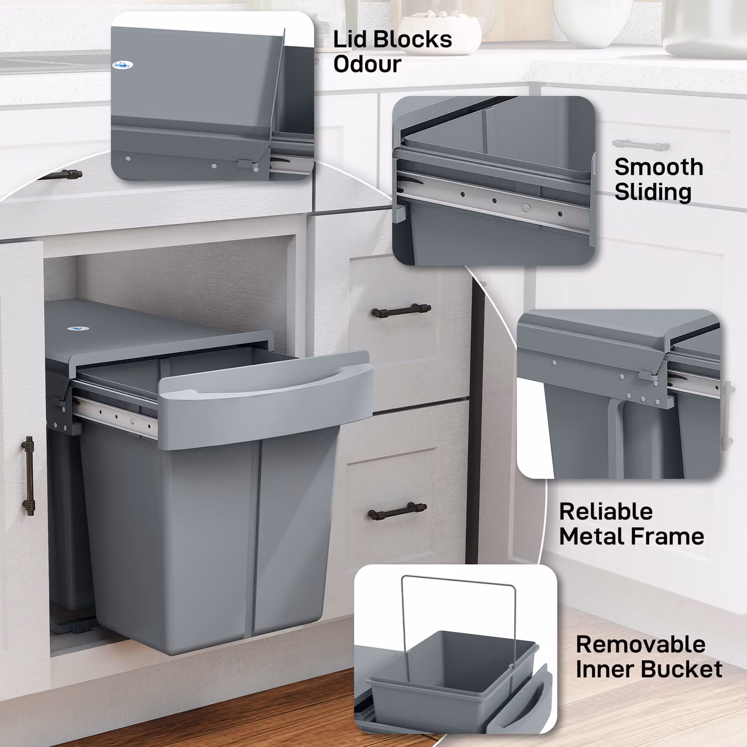 HOMCOM Grey Pull Out Kitchen Under Sink Bin with 2 Removable Compartments and Frosted Storage Lid, 40L (20L+20L) – 6