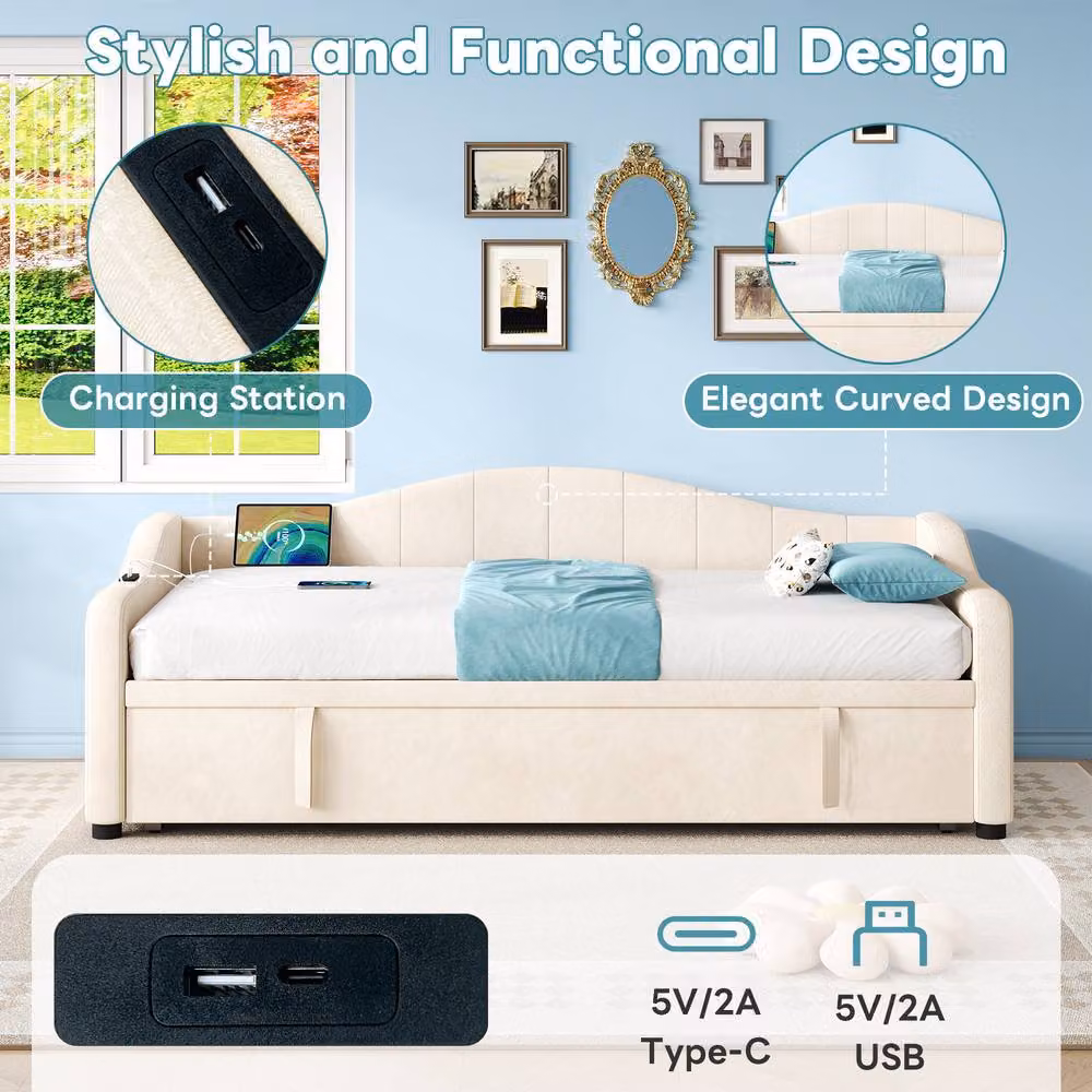 Merax Beige Velvet Curved Single Daybed with USB Charging and Trundle, W/D/H: 90 x 190 cm – 2