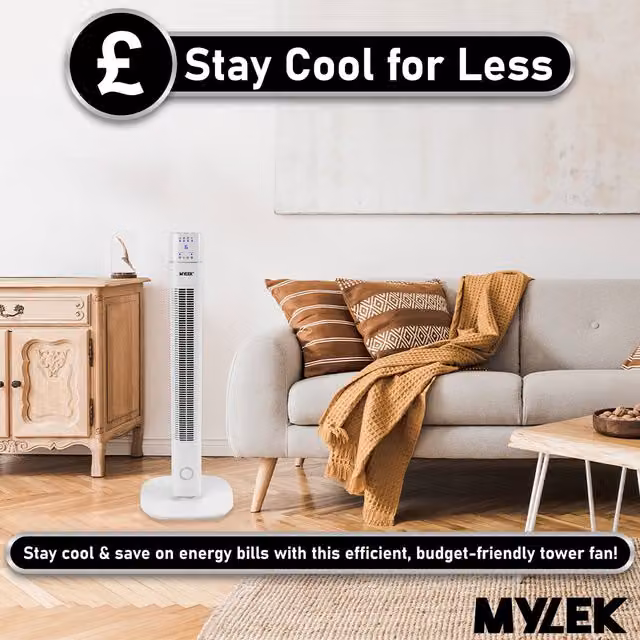 Mylek Slimline Oscillating Tower Fan with Remote Control and Timer, White