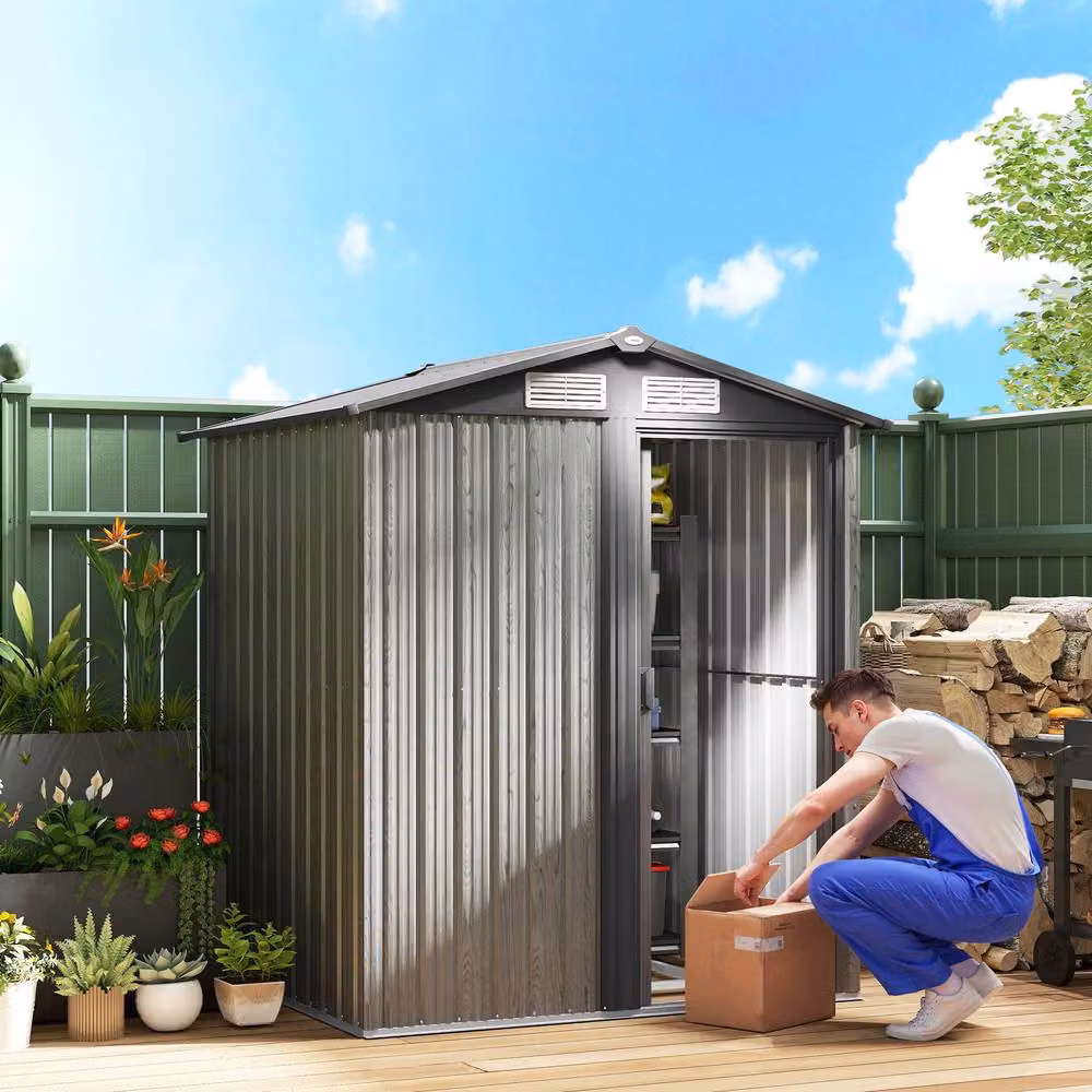 Rolipo Grey Wood Effect Garden Storage Shed with Pent Roof and Sliding Doors – 2