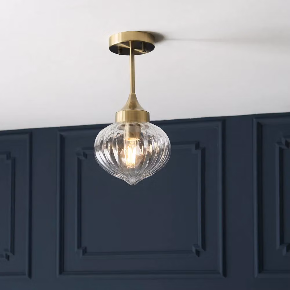 Loops Semi Flush Ceiling Light Fitting with Antique Brass Plate and Transparent Ribbed Glass Shade – 3