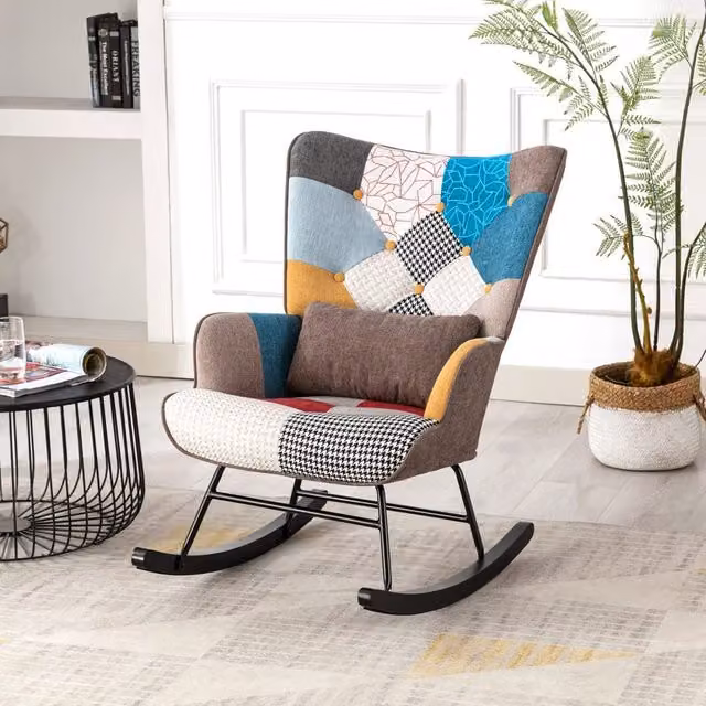 HomeMiYN Patchwork Fabric Rocking Chair with Brown Cushion and Armrests