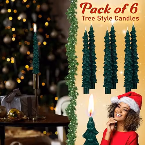 Deco Express Christmas Tree Dinner Candles, Green and Gold, Set of 6 – 6