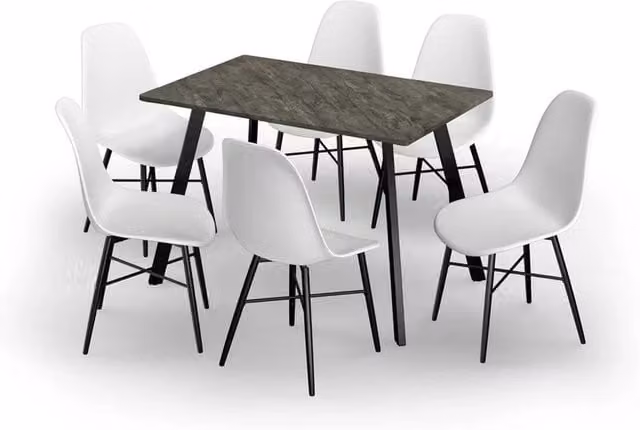 URBNLIVING Modern Scandinavian Dining Set with 110 cm Rectangular Slate Grey Table and 6 White Tulip Chairs