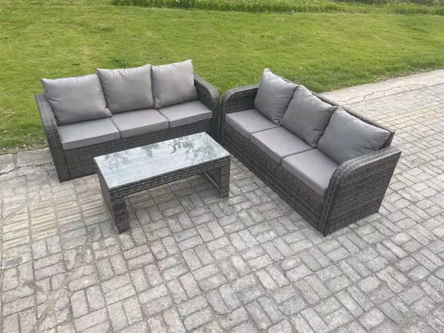 Fimous Dark Grey Rattan Garden Furniture Set with Rectangular Coffee Table