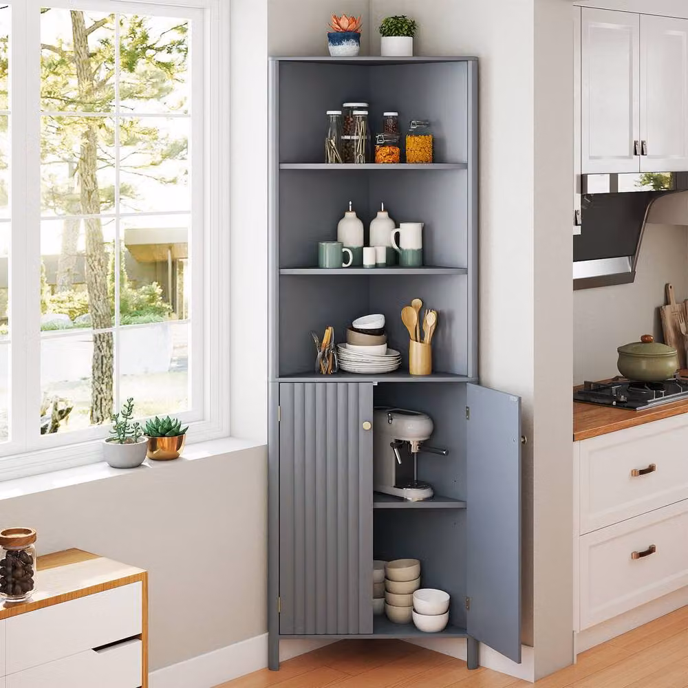 Costway Modern Grey Corner Storage Cabinet with 5 Shelves and Hinged Doors – 5