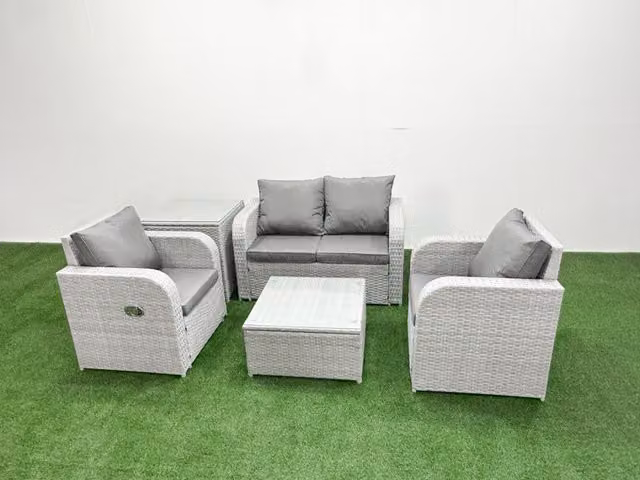 Fimous 4 Seater Grey PE Wicker Rattan Garden Furniture Set with 2 Seater Sofa, Reclining Armchair, Coffee Table and Side Table