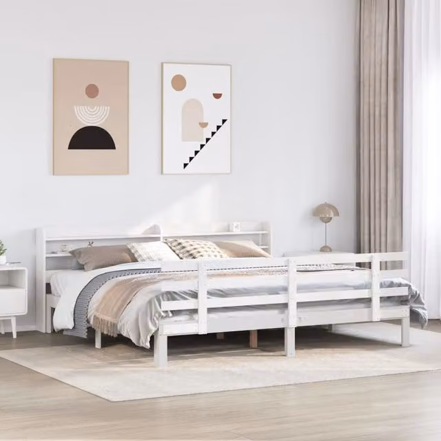Berkfield Home Super King Bed Frame with Headboard and Side Compartments in White Solid Pine, W/D/H: 180 x 200 cm