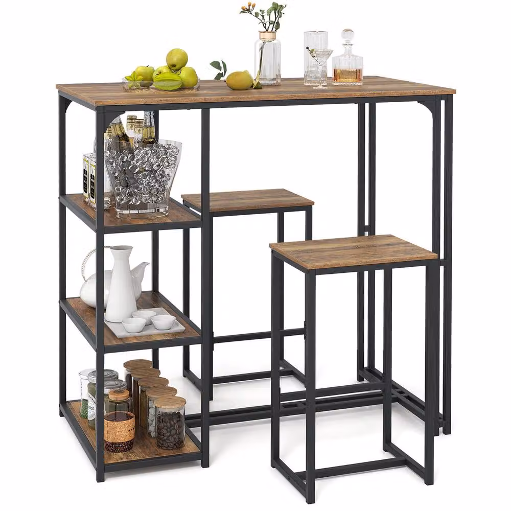 Costway 3-Piece Industrial Bar Table Set with 2 Stools in Brown – 6
