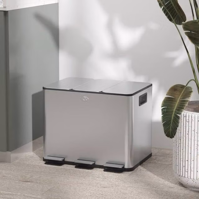 HOMCOM Triple Kitchen Pedal Bin with Odour Filter, 3 x 20L, Silver Stainless Steel – 1